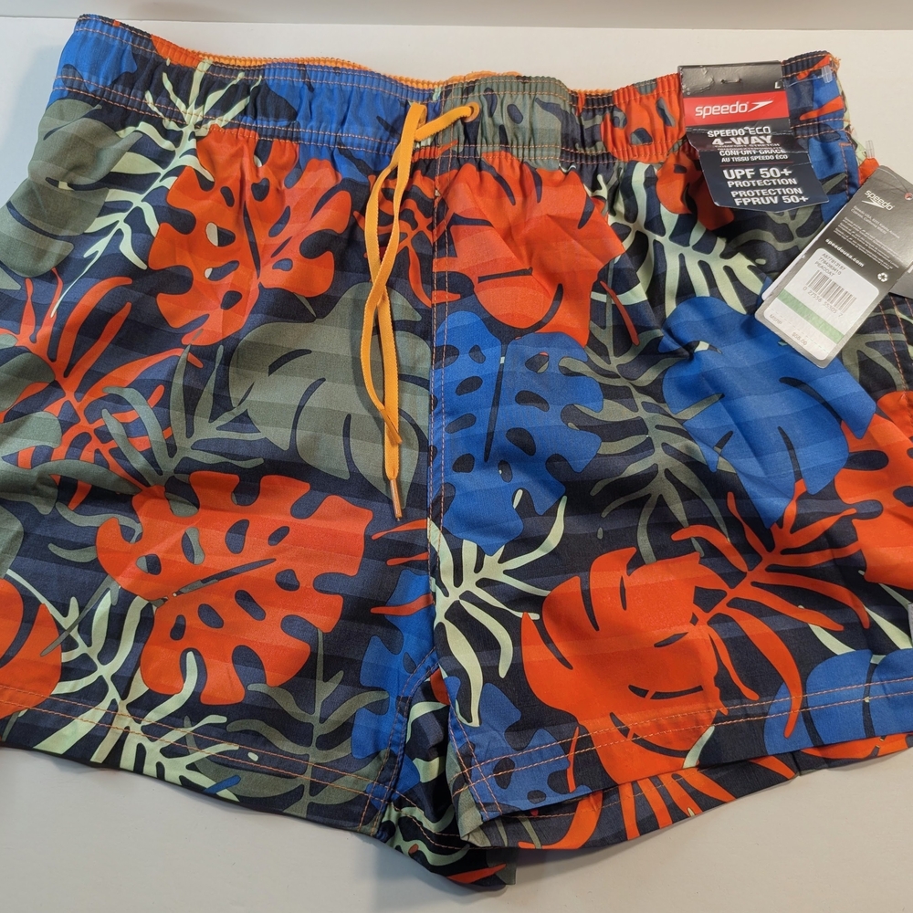 Speedo Kids Swim Trunks - Red, Blue, and Green Leaf Pattern